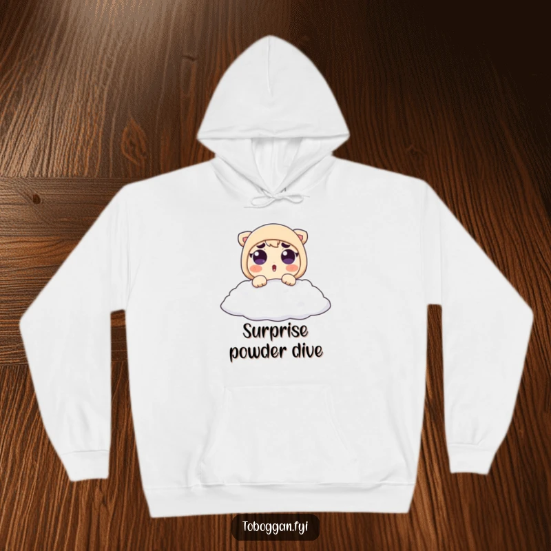 Funny Hoodie: A surprised character with wide, raised eyebrows lands gently in soft snow, embodying playful shock.