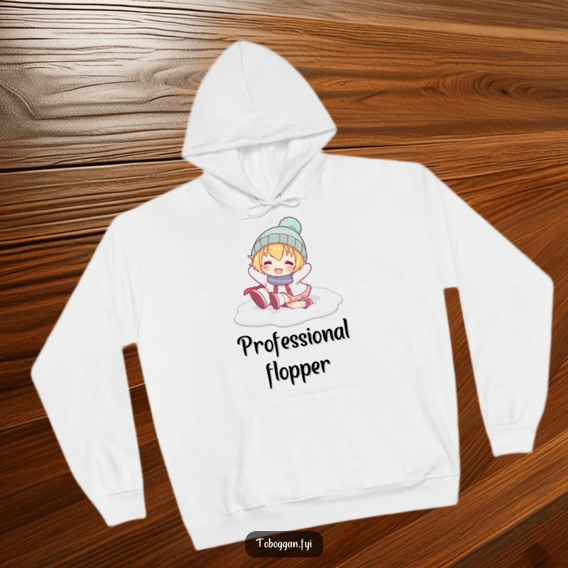 Funny hoodie featuring a cartoon character playfully tumbling head over heels in snow, perfect for cozy winter fun.