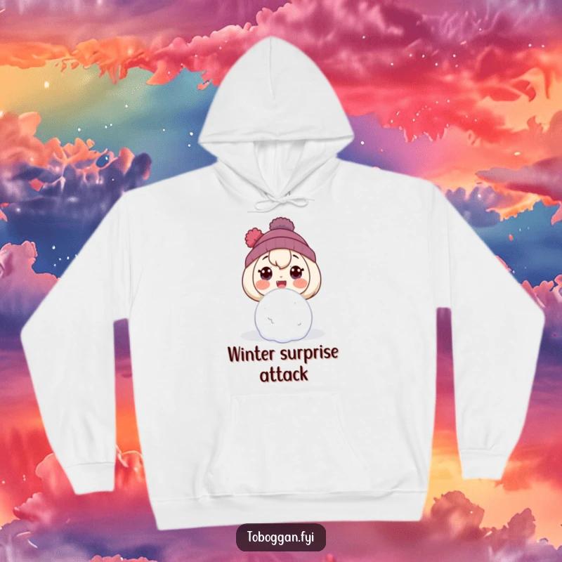 Funny hoodie depicting a character with a comically surprised face, reacting to a sudden snowball.