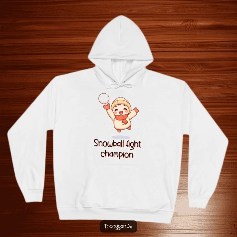 Funny hoodie showing a small cartoon character joyfully throwing a snowball mid-flight, perfect for staying warm and playful.
