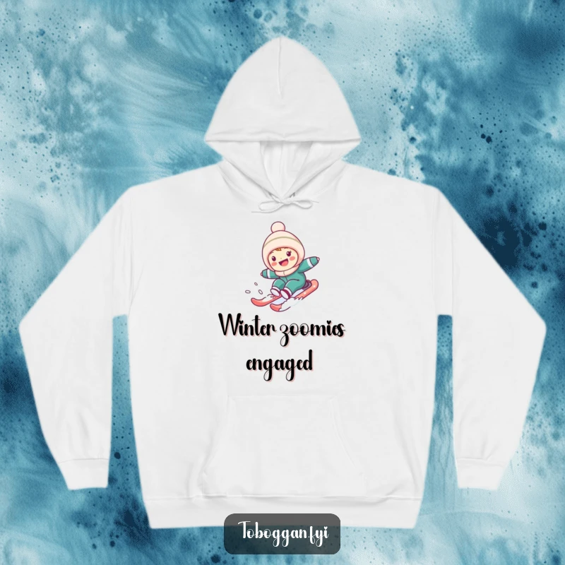 Funny Hoodie: Cute character joyfully speeding down a snowy hill, perfect for cozying up with a hilarious winter-themed design.