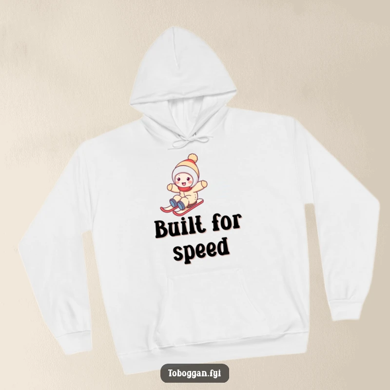 Funny hoodie with a cute character joyfully zooming down a snowy hill, perfect for staying warm and laughing outside.