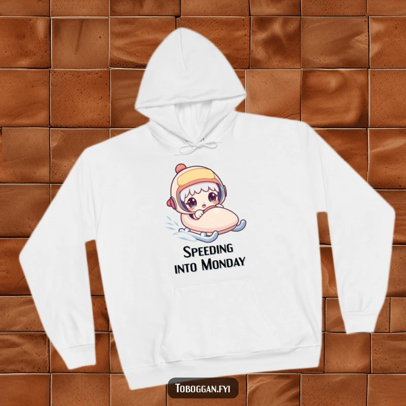 Funny hoodie with a character looking astonished as their sled gains unexpected velocity, perfect for winter coziness.
