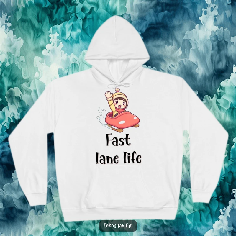 Funny Hoodie: Character in motion on a speeding toboggan, arms out, embodying pure exhilaration and winter fun.