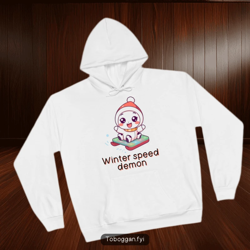 Funny Hoodie: A happy character with wide, excited eyes slides down a snowy hill on a bright toboggan, radiating pure delight.
