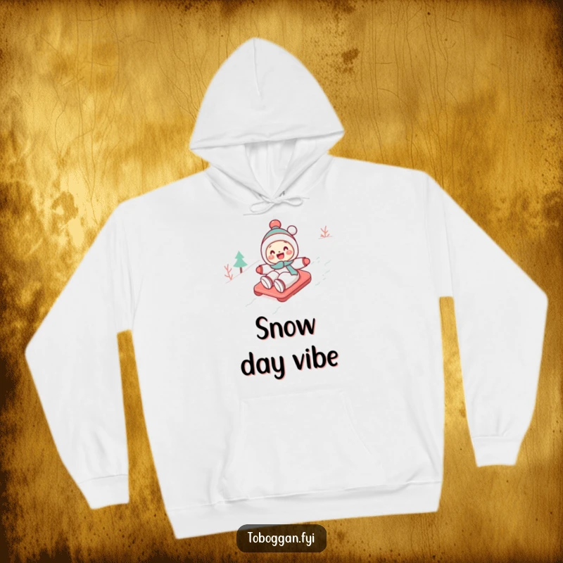 Funny Toboggan Hoodie: A cute character gleefully toboggans down a snowy slope, offering cozy comfort and winter humor.