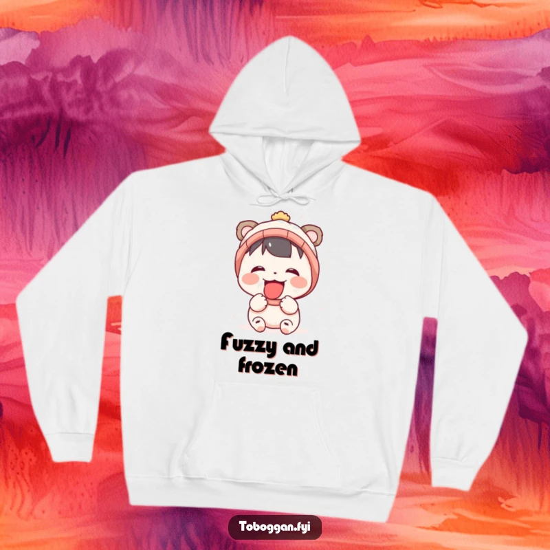 Funny hoodie with a cute character joyfully catching snowflakes on its tongue, perfect for cozy winter days.