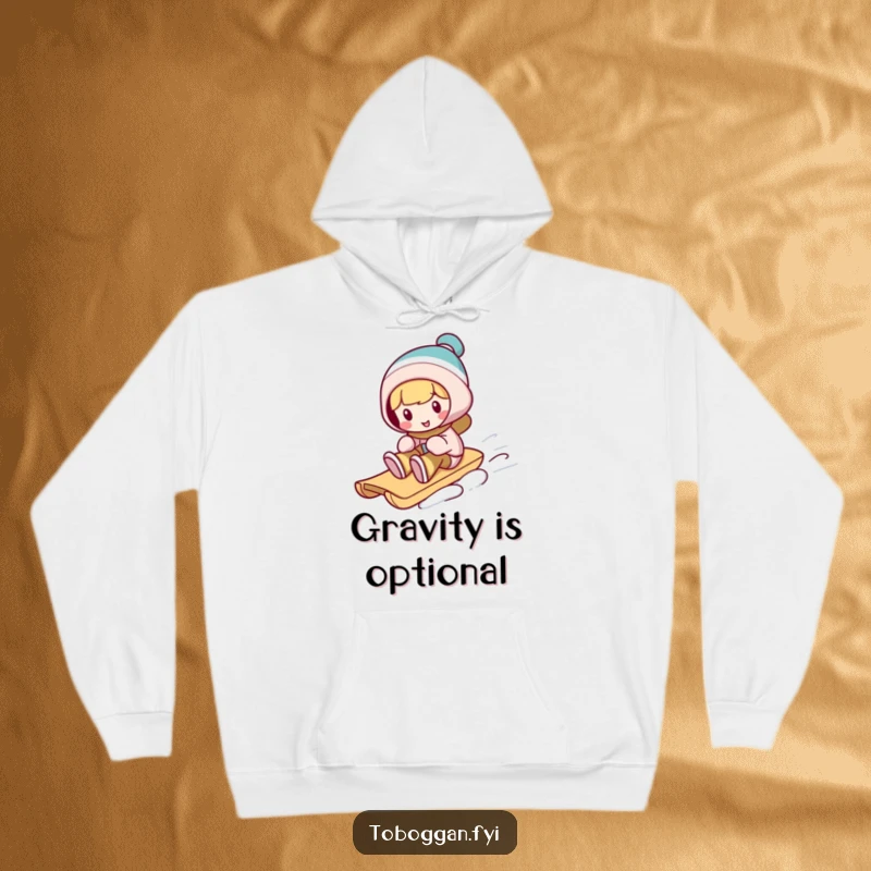 Funny winter hoodie, a character performs a silly trick on a toboggan, offering warmth and humorous winter sport vibes.