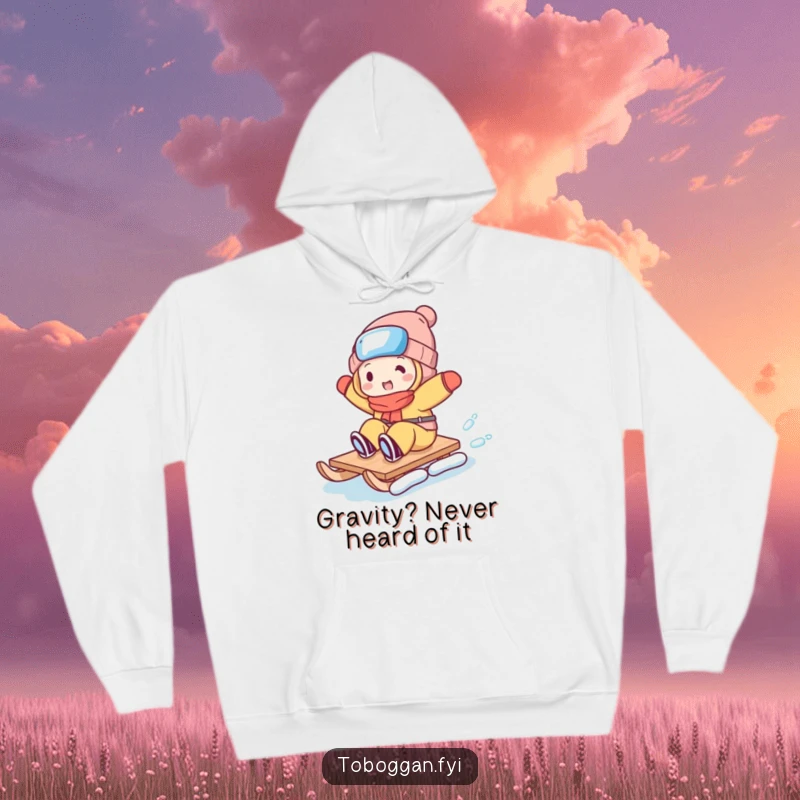 Funny hoodie displaying a character attempting a comical toboggan trick, radiating joyful chaos and wintery fun.