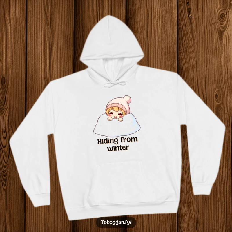 Funny hoodie depicting a character peeking with a giggle from a snowdrift, offering cozy winter charm and humor.