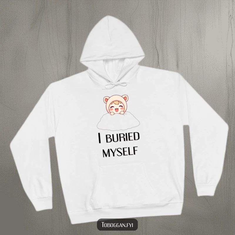 Funny hoodie depicting a cute character joyfully emerging from a soft snow pile, perfect for cozying up with winter smiles.