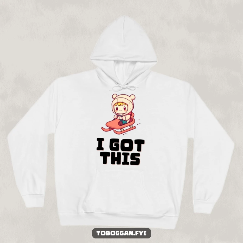 Funny hoodie showing a character comically steering a toboggan with exaggerated motions, perfect for staying warm and stylish.