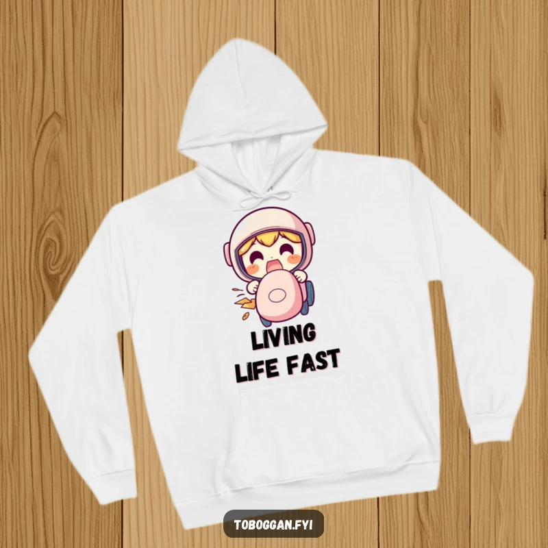 Funny speeding hoodie showcasing a character with a funny, excited face during a fast downhill descent.