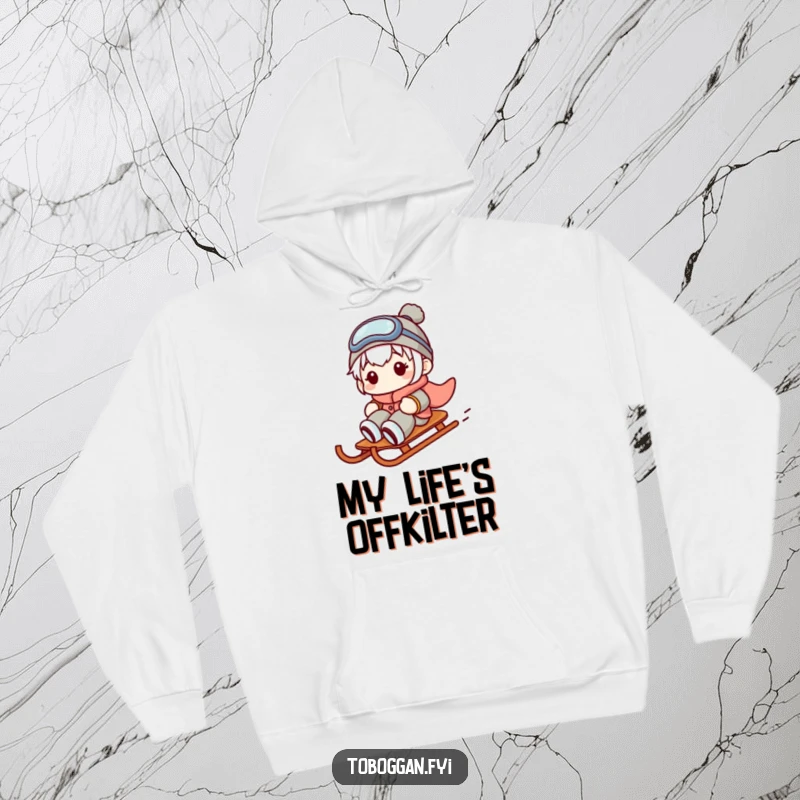 Funny hoodie featuring a character sliding sideways on a sled with a comical, slightly panicked expression, perfect for cozy winter days.