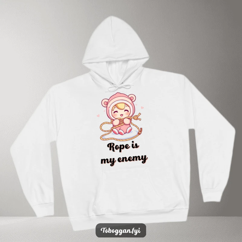 Funny hoodie shows a character comically tangled in a sled rope, embodying humorous struggles and cozy winter fun.