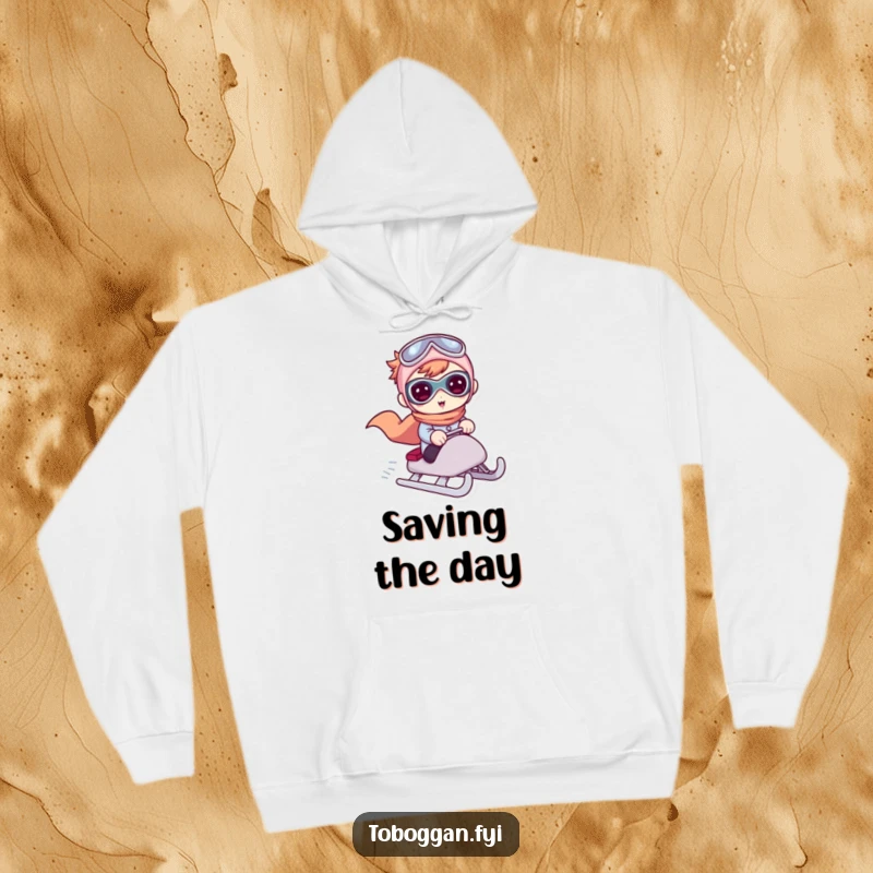 Funny hoodie depicting a cute character striking a superhero pose atop a sled during a thrilling winter ride.