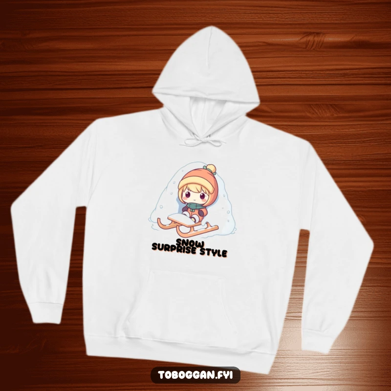 Funny snow surprise hoodie featuring a character popping out from snow on a sled, offering cozy winter cheer and playful mischief.
