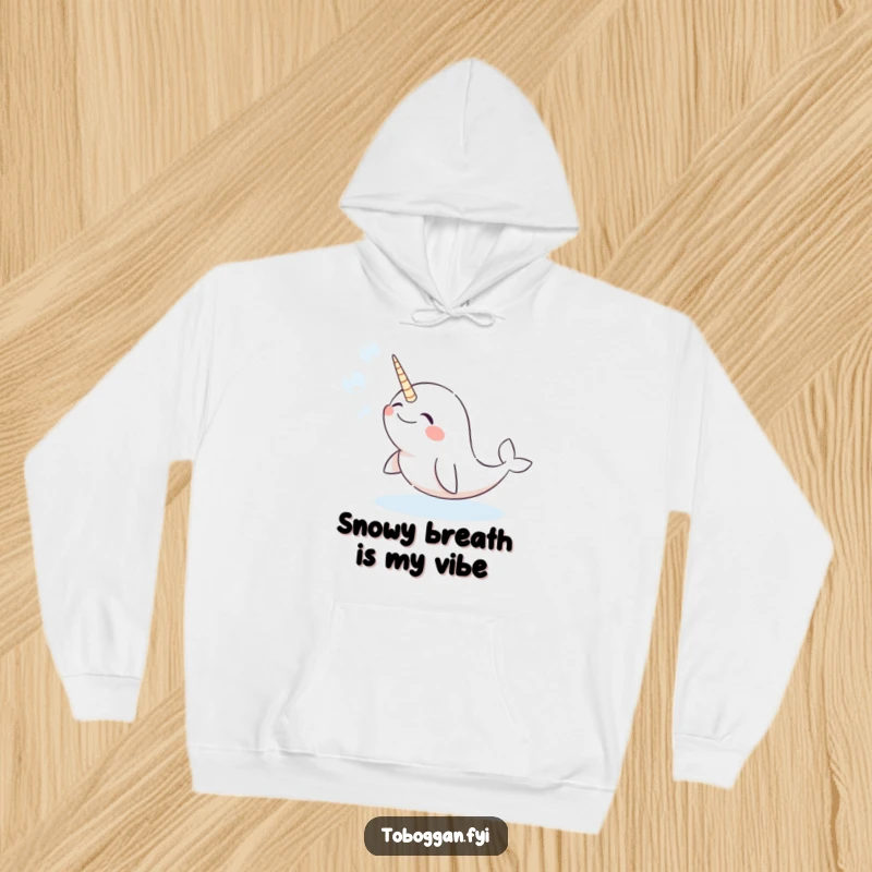 Funny narwhal hoodie featuring a giggling character comically blowing snow bubbles, perfect for cozy, humorous winter wear.
