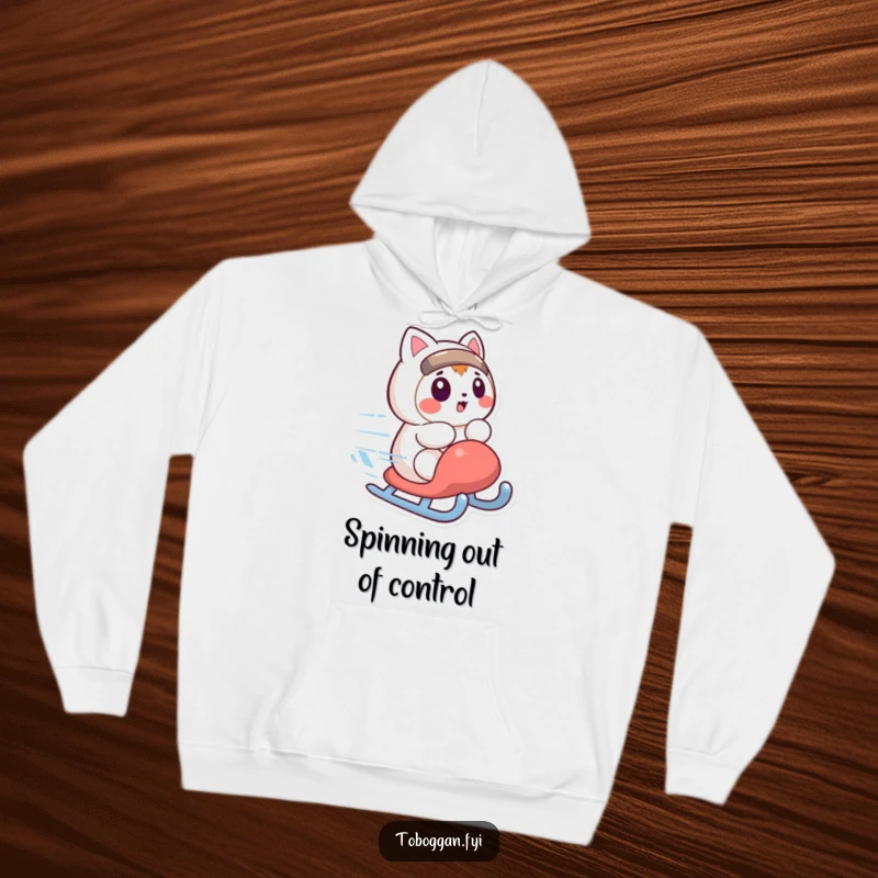 Funny hoodie featuring a character looking surprised as their sled spins quickly, a warm and humorous funny gift.