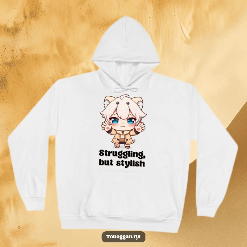 Funny hoodie with a character making a funny face while trying to stop, offering cozy comfort and a dose of relatable humor.