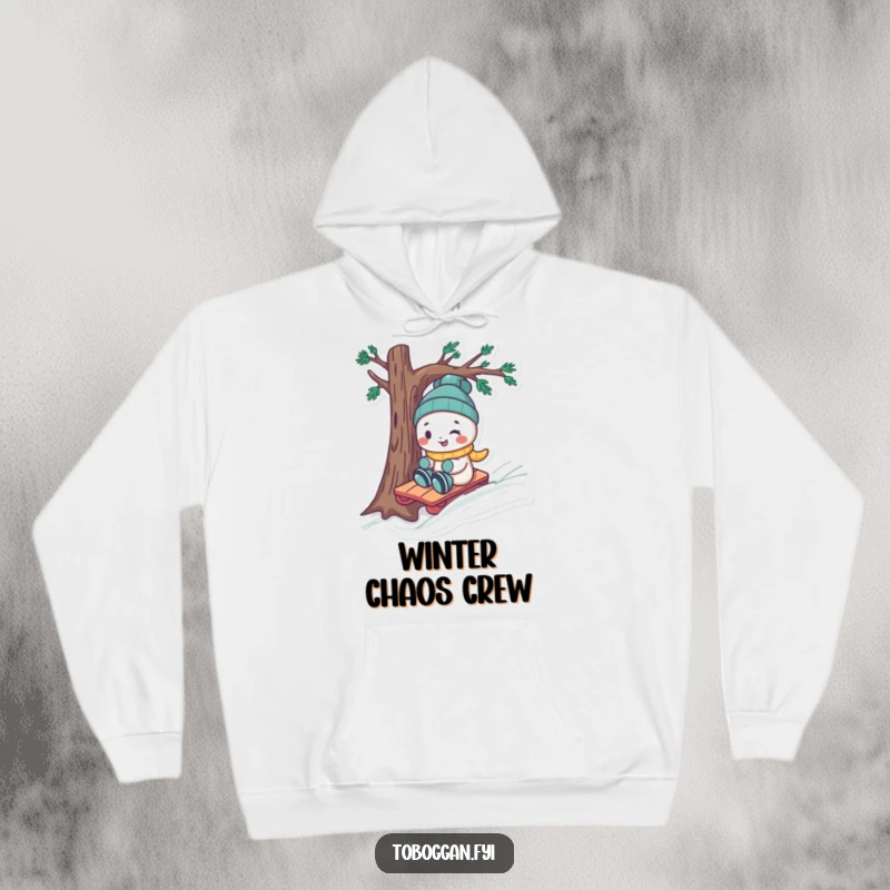 Funny character in a cheeky pose, steering a toboggan around a tree on a warm, humorous hoodie.