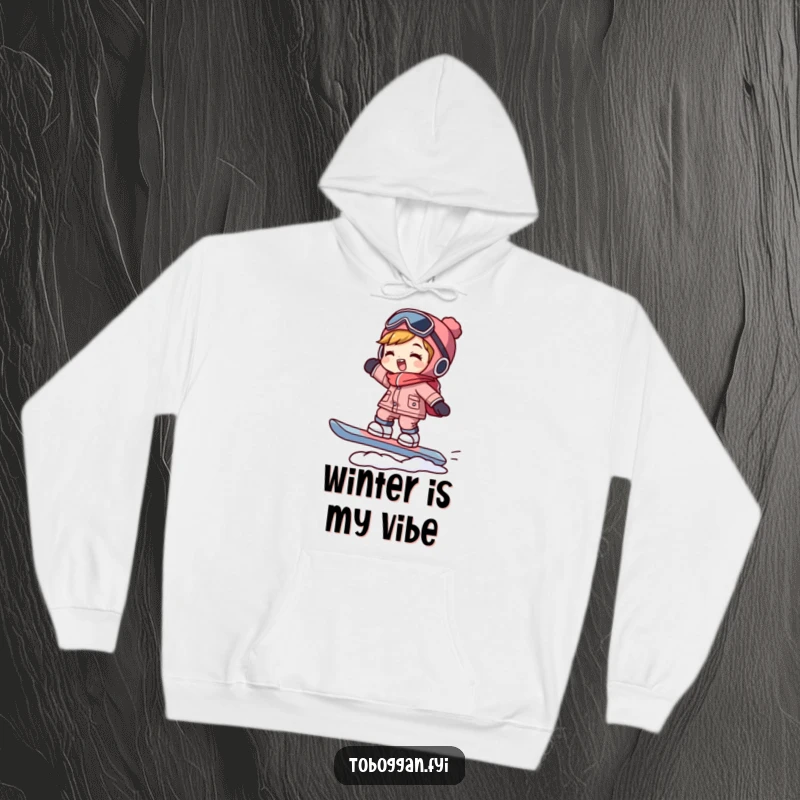 Funny snowboarder hoodie showing a character in a dynamic balancing stance on a snowboard, perfect for cozy, humorous winter vibes.