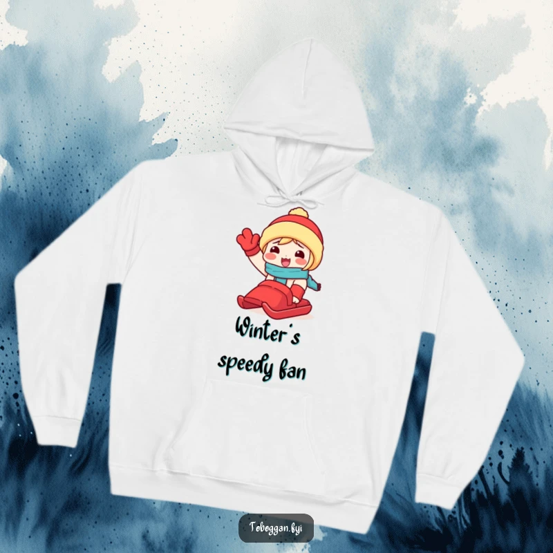 Funny hoodie featuring a character excitedly waving a red toboggan, designed for cozy winter vibes and joyful sledding adventures.