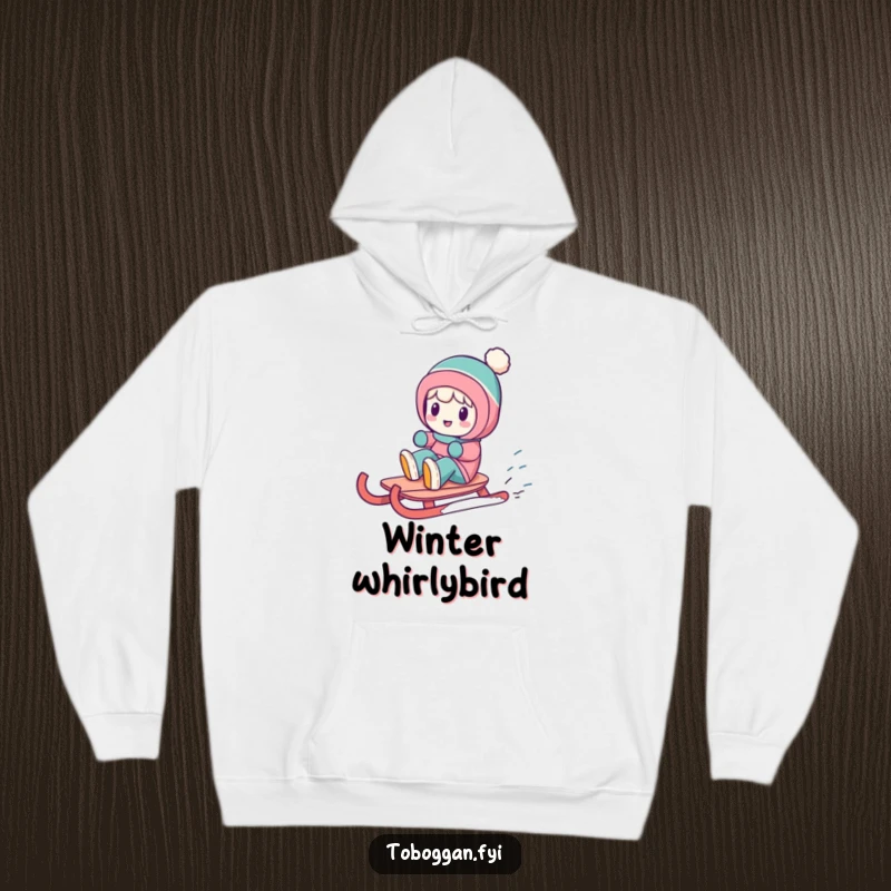 Funny hoodie showing a character in a graceful, funny spin on a sled, perfect for cozy winter days.