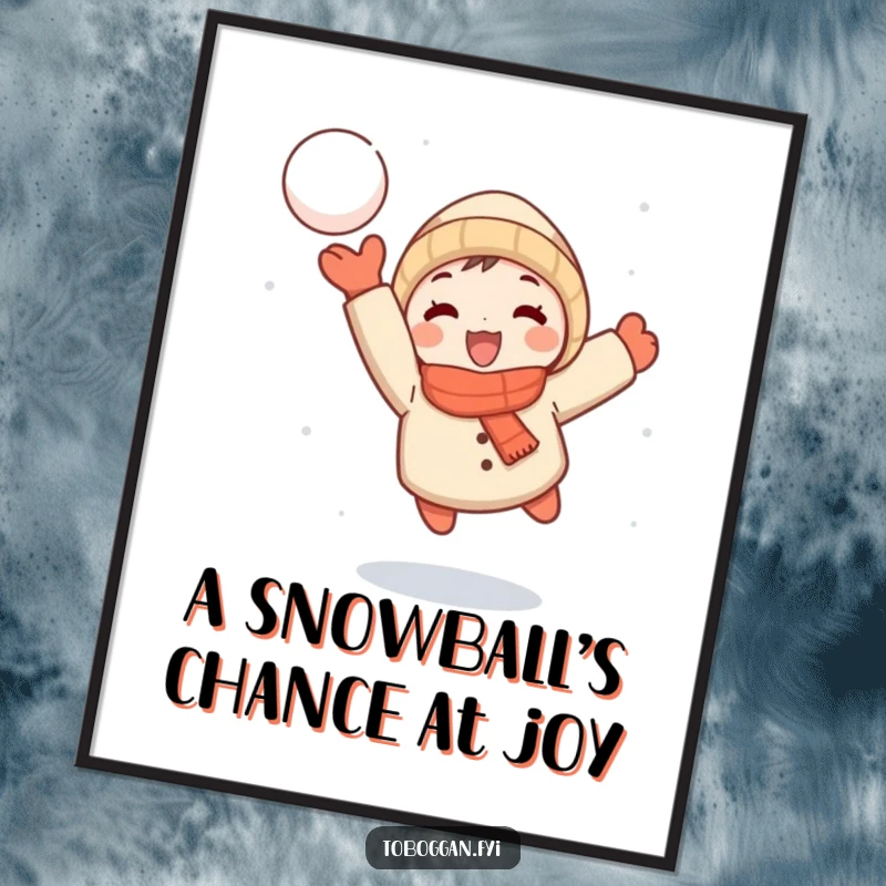 Funny Free Printable Wall Art: Small character joyfully throwing a snowball, mid-flight, ready for a playful battle.