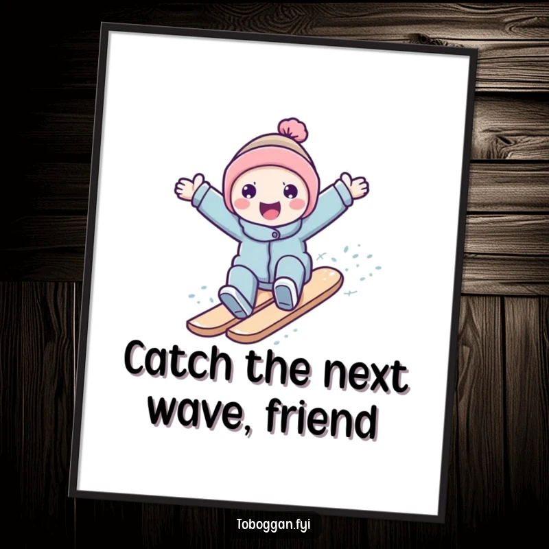 Funny Free Printable Wall Art: A happy character with arms wide surfs down a snowy slope, capturing exhilaration and playful humor.