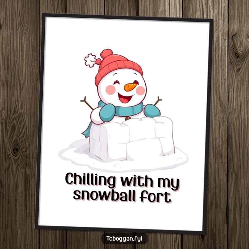 Funny Free Printable Wall Art: Cheerful snowman comically building a tiny snowball fort with mittens, adding winter charm.