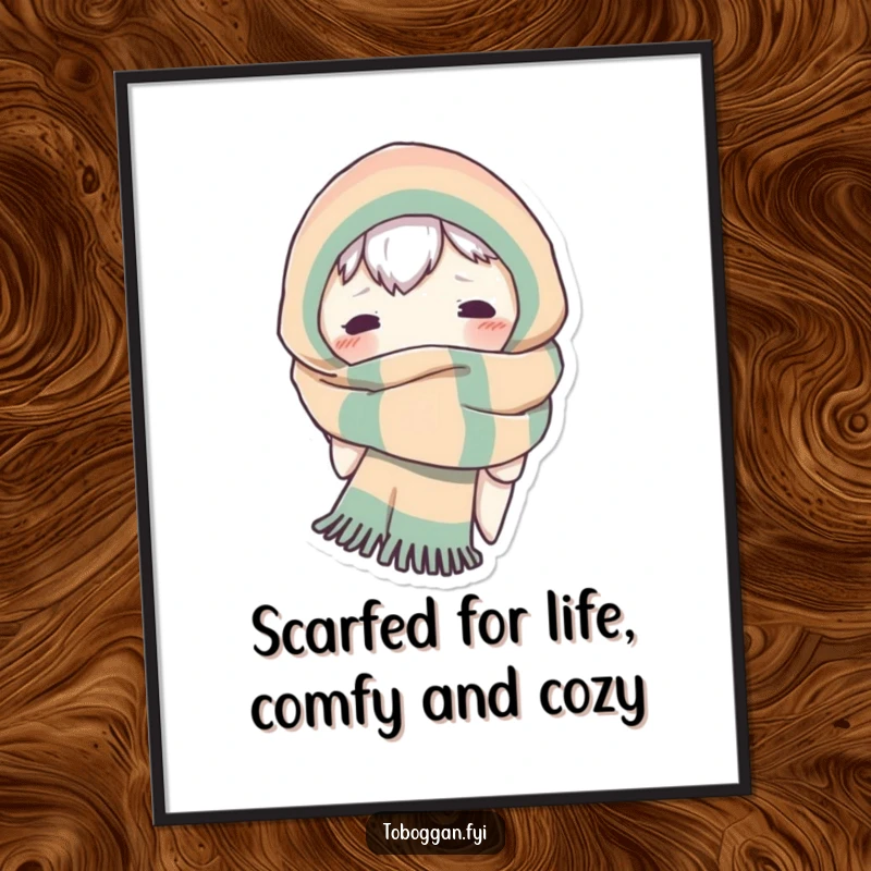 Funny Free Printable Wall Art depicting a character comically swaddled in a giant scarf, with only their playful eyes peeking out mischievously.
