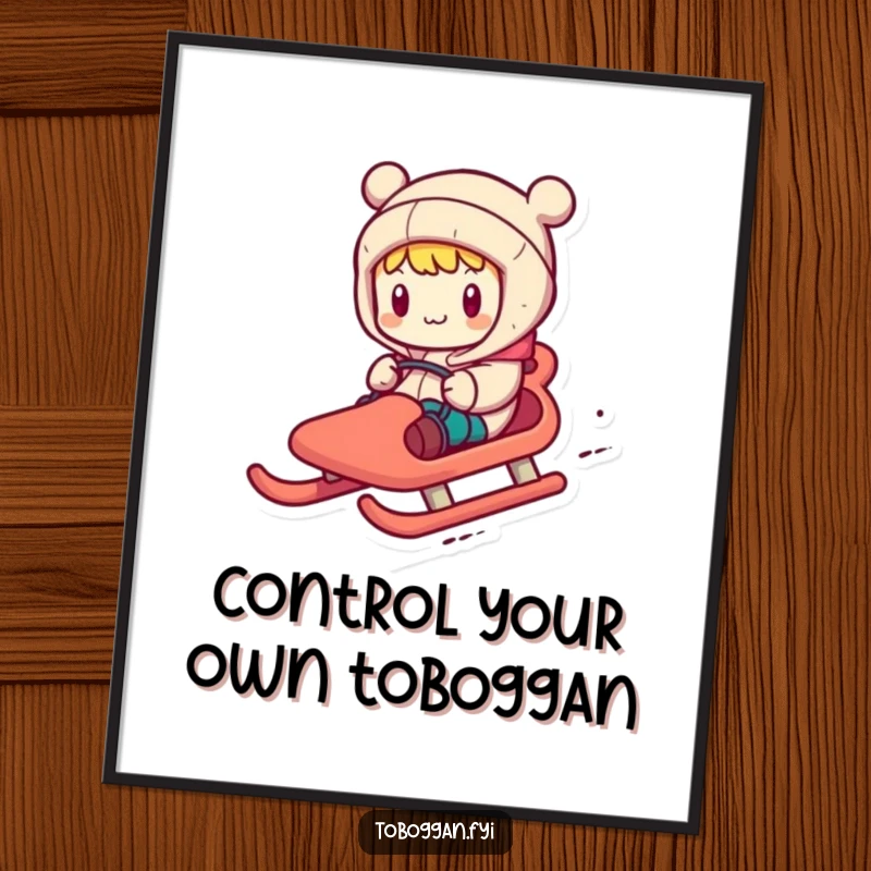 Funny Free Printable Wall Art: Character comically steering a toboggan with wild, exaggerated movements, creating a scene of humorous adventure.