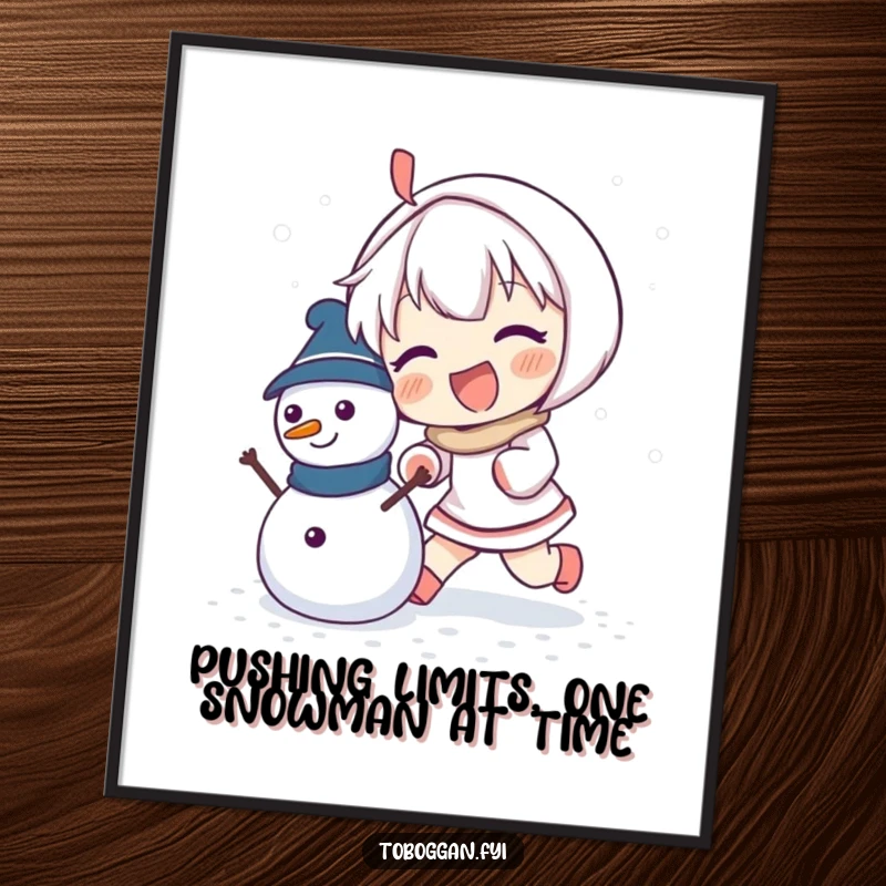 Funny Free Printable Wall Art of a character enthusiastically pushing a small, adorable snowman, bringing a sense of winter playfulness to the scene.