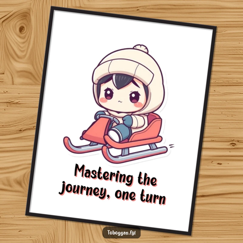 Funny Free Printable Wall Art: Character with an intensely focused expression steering a sled. Serious downloadable winter art.