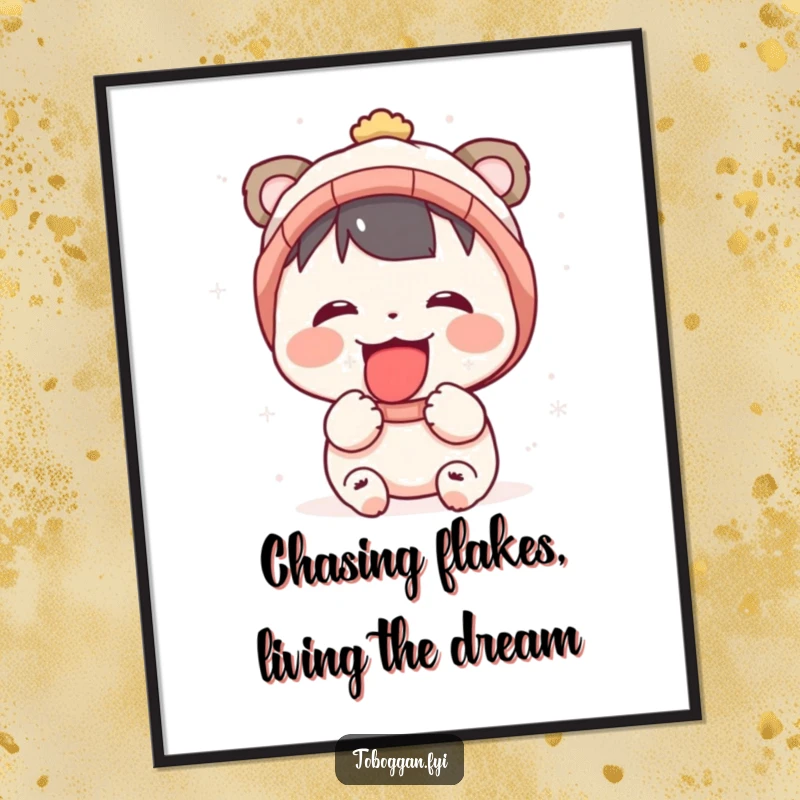 Funny Free Printable Wall Art of a cute character happily catching snowflakes on their tongue, embodying pure winter delight and whimsy.