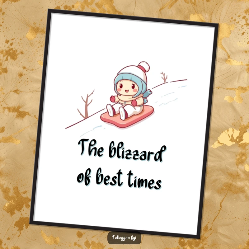 Funny Free Printable Wall Art: Cute cartoon character gleefully sliding down a snowy hill, bringing whimsical charm.