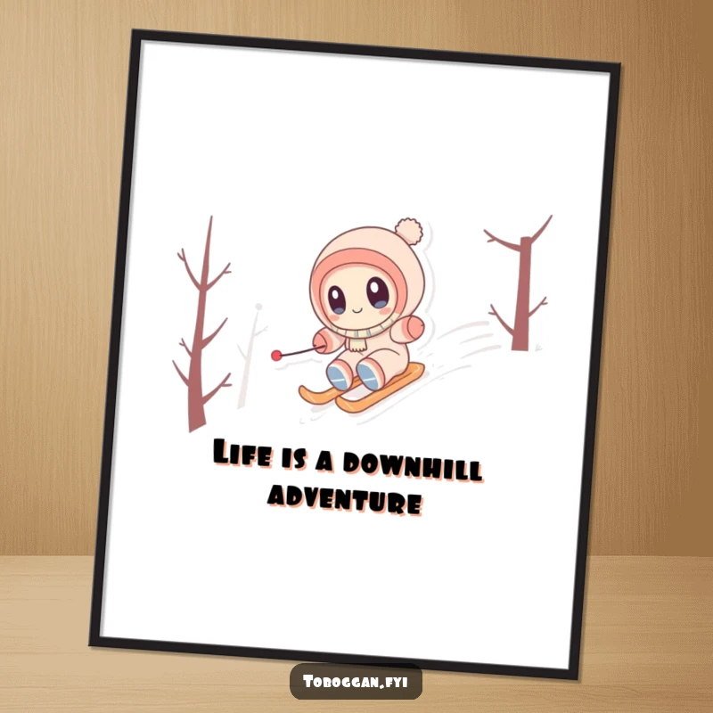 Funny Free Printable wall art of a cute character with wide eyes, happily zipping with speed down a snowy hill.