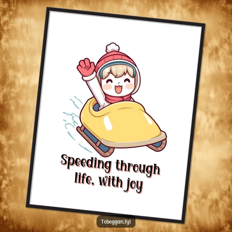 Funny Free Printable Wall Art: A character waving enthusiastically from a fast-moving toboggan. High-speed downloadable winter art.