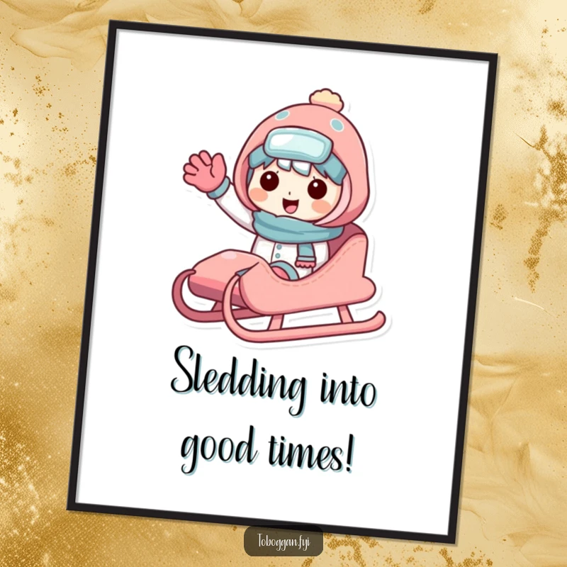 Funny free printable wall art of a character sharing a sled and offering a friendly, welcoming wave.