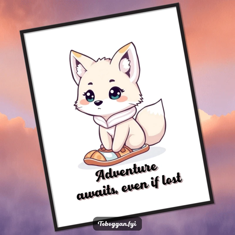 Funny Free Printable Arctic Fox Wall Art: A curious fox wearing snowshoes appears adorably lost in the wilderness.