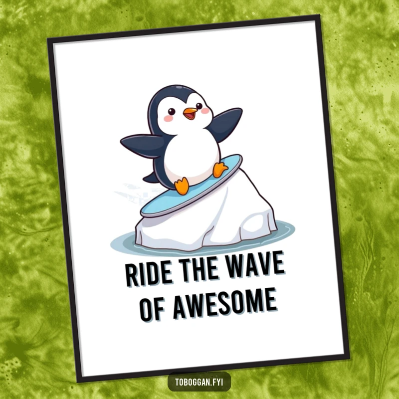 Funny Free Printable Penguin Surfing Wall Art: A playful penguin expertly surfs an iceberg with a cool attitude.