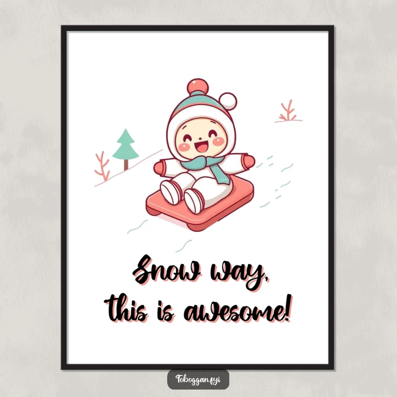 Funny Free Printable wall art: a cute character gleefully tobogganing down a snowy slope, bringing winter cheer.