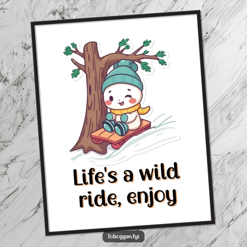 Funny Free Printable Wall Art: A playful character with a cheeky smile expertly navigates a toboggan around a tree, full of motion and mirth.