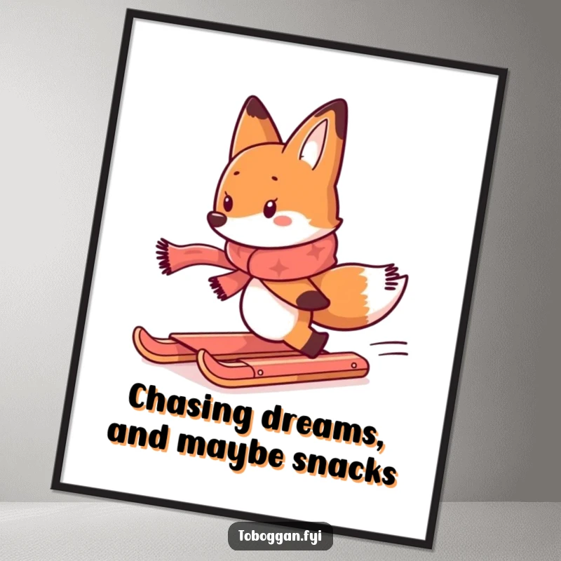 Funny Free Printable Wall Art: Determined Scarf-wearing Fox Comically Chasing a Runaway Toboggan