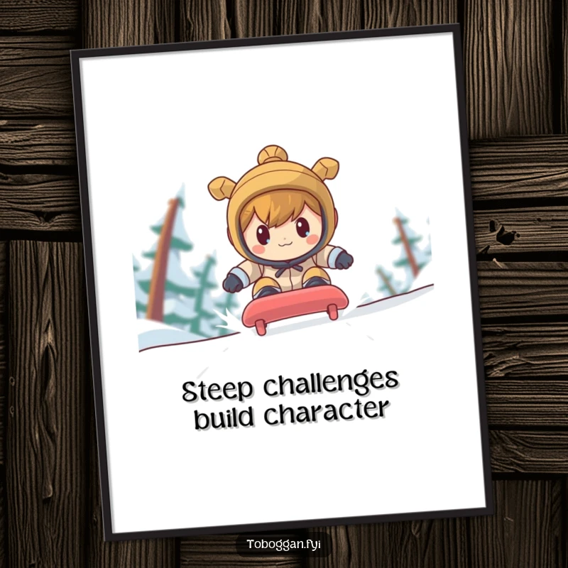 Funny Free Printable Wall Art: A determined character with a laser focus races down a steep toboggan run, embodying speed and humor.