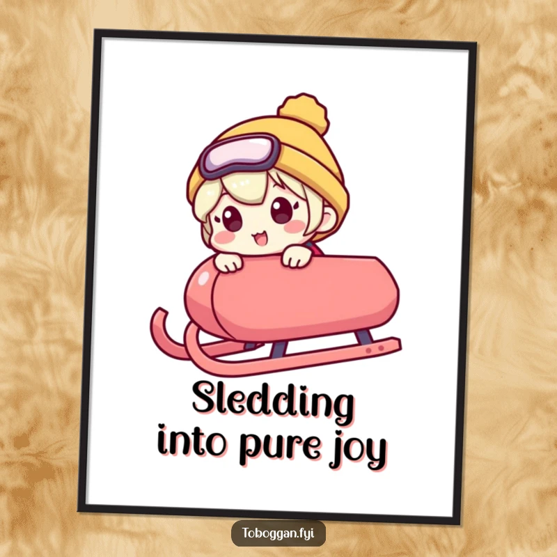 Funny free printable wall art: a character peeking over the edge of a sled with an excited expression.