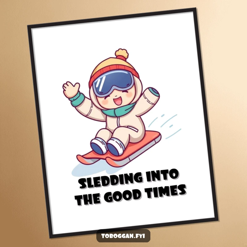 Funny Free Printable Wall Art: A character joyfully sledding downhill, capturing the thrill of winter fun with a big wave and smile.