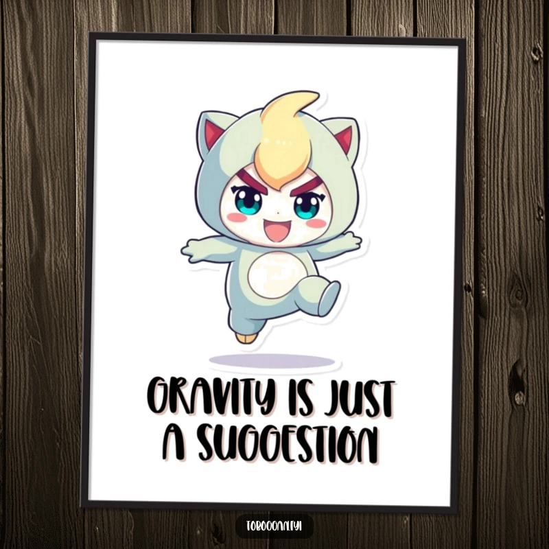 Funny free printable wall art: a character captured mid-playful jump with a focused, determined expression, full of drive.