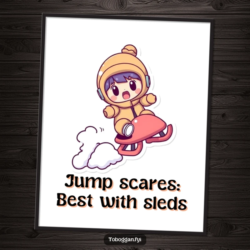 Funny Free Printable Wall Art: A character looking shocked as their sled unexpectedly flies over a bump.